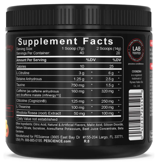 PEScience Prolific Pre-Workout - Sour Peach Candy supplement facts / back label