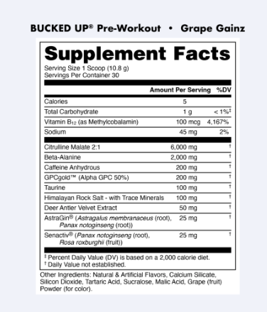 Bucked Up Pre-Workout - Grape Gainz supplement facts / back label