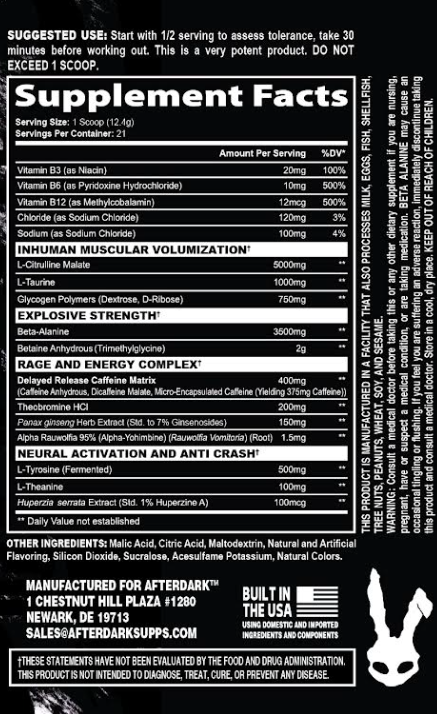 Afterdark Inhuman Pre-Workout - Snow Cone supplement facts / back label
