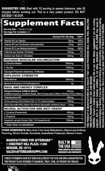 Afterdark Inhuman Pre-Workout - Snow Cone supplement facts / back label
