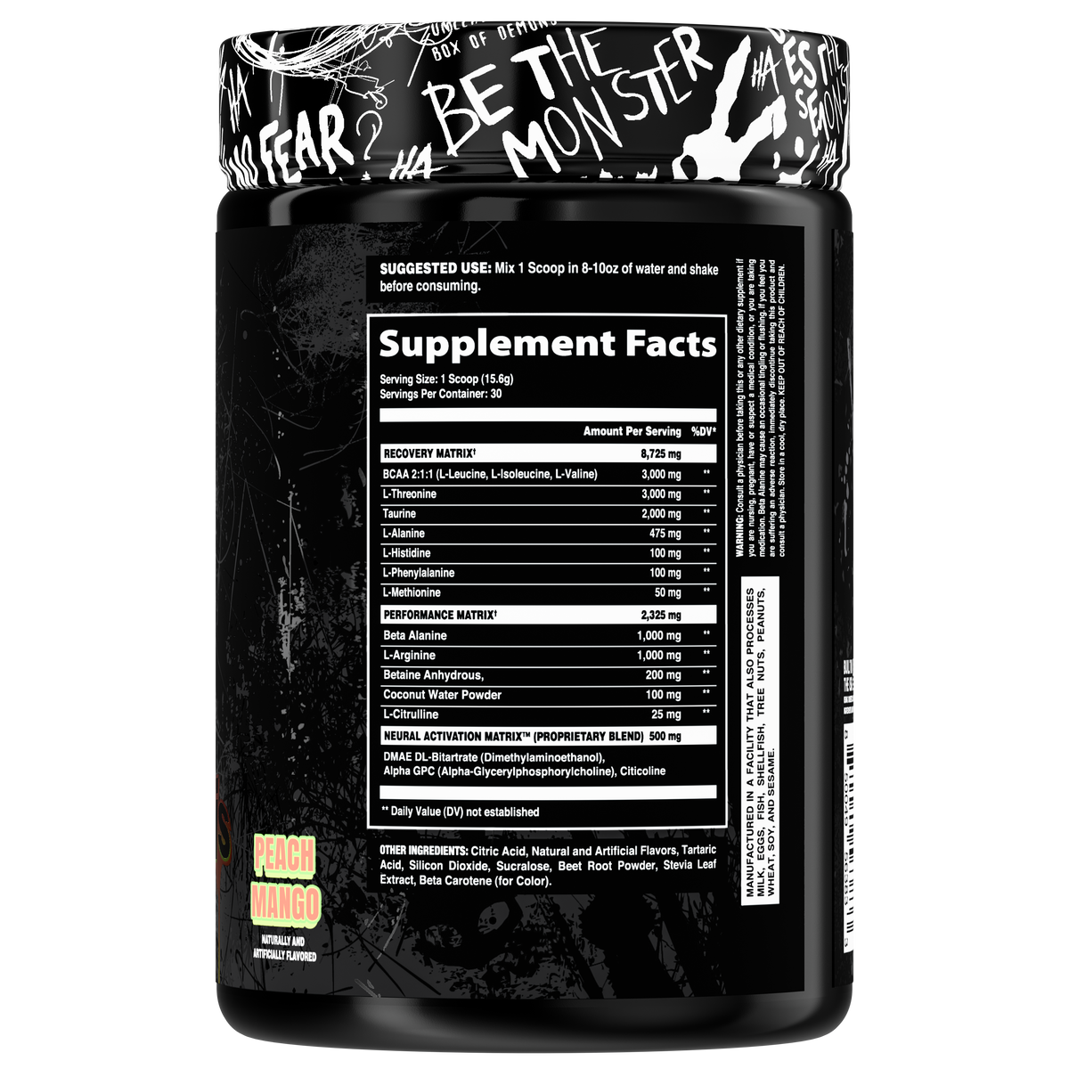 Afterdark Dripnosis Stim-Free Pre-Workout - Peach Mango supplement facts / back label