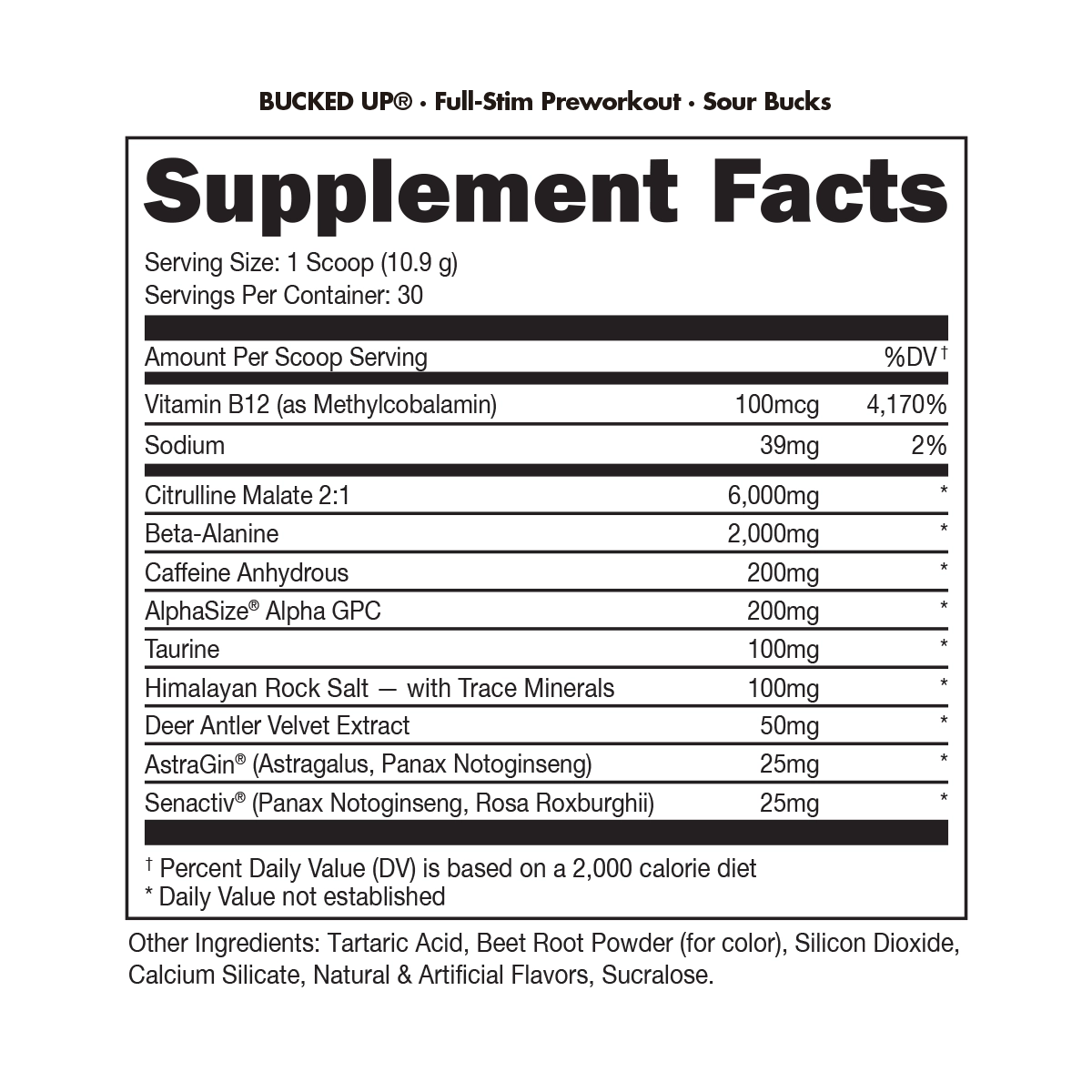 Bucked Up Pre-Workout - Sour Bucks supplement facts / back label