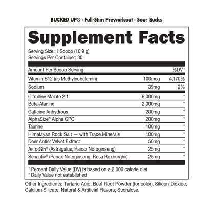 Bucked Up Pre-Workout - Sour Bucks supplement facts / back label