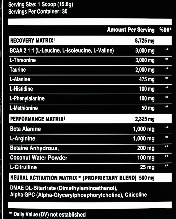 Afterdark Dripnosis Stim-Free Pre-Workout - White Freeze supplement facts / back label