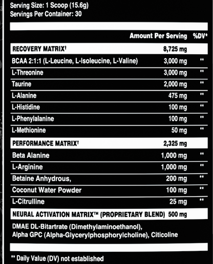 Afterdark Dripnosis Stim-Free Pre-Workout - White Freeze supplement facts / back label