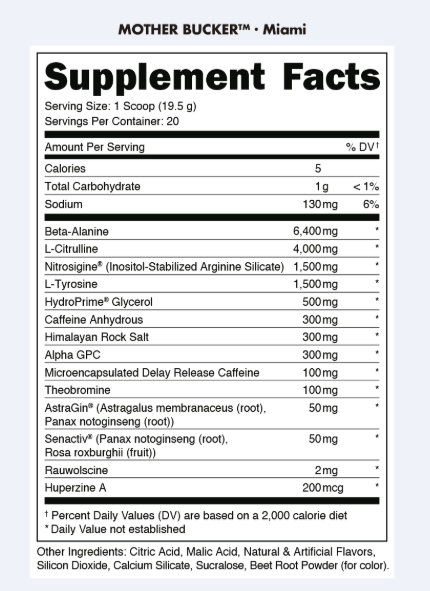 Bucked Up Mother Bucker Pre-Workout - supplement facts / back label