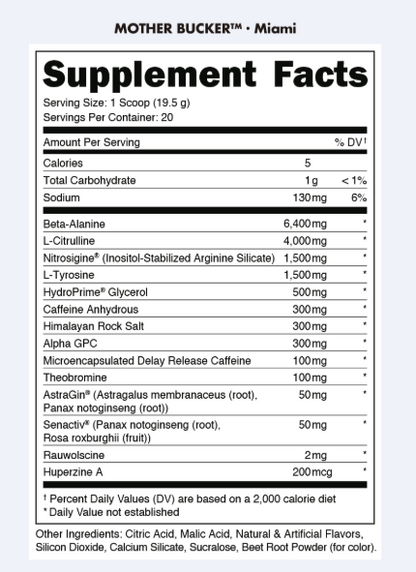 Bucked Up Mother Bucker Pre-Workout - supplement facts / back label