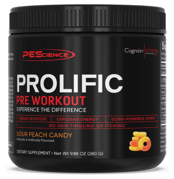 PEScience Prolific Pre-Workout - Sour Peach Candy flavor