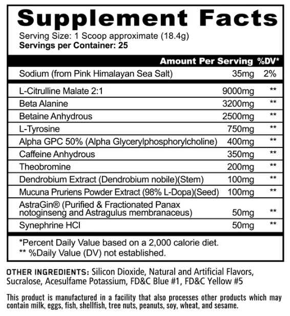 Panda Supps Pandamic Pre-Workout supplement facts / back label