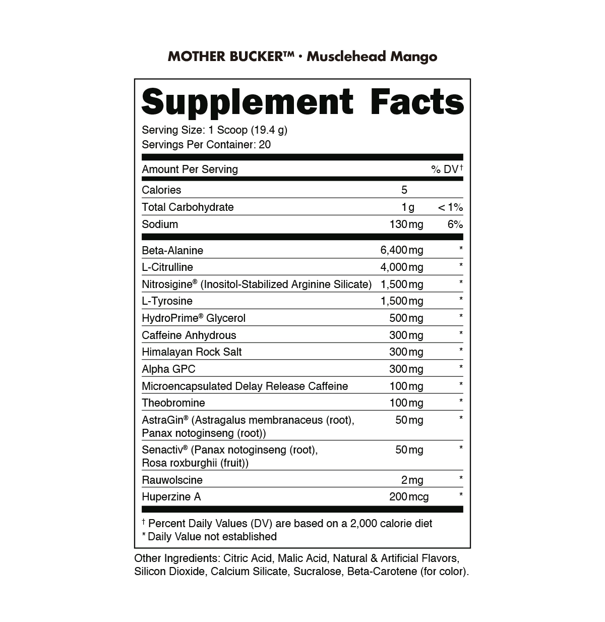 Bucked Up Mother Bucker Pre-Workout - Musclehead Mango supplement facts / back label