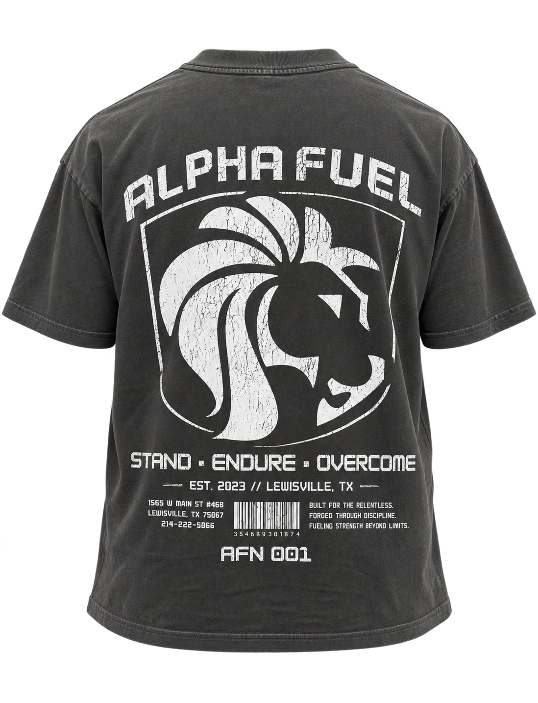 Alpha Fuel AFN Oversized Tee in Vintage Black, back with Alpha Fuel lion shield and Stand Endure Overcome print