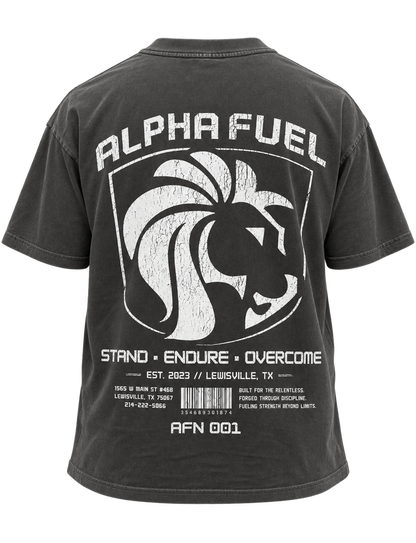 Alpha Fuel AFN Oversized Tee in Vintage Black, back with Alpha Fuel lion shield and Stand Endure Overcome print