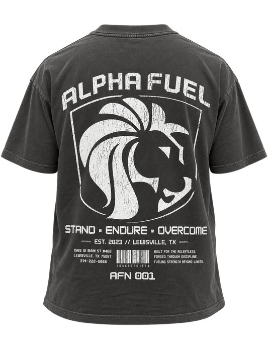 Alpha Fuel AFN Oversized Tee in Vintage Black, back with Alpha Fuel lion shield and Stand Endure Overcome print