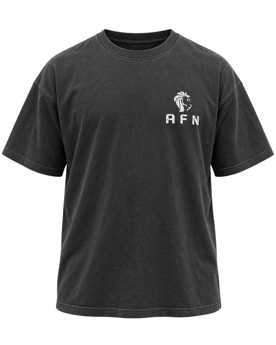 Alpha Fuel AFN Oversized Tee in Vintage Black, front with small AFN lion head on the left chest