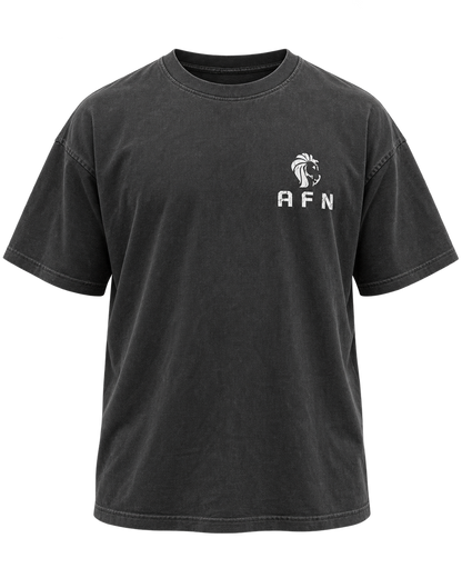 Alpha Fuel AFN Oversized Tee in Vintage Black, front with small AFN lion head on the left chest