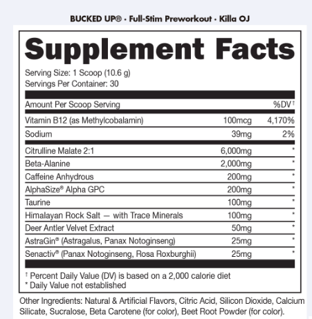 Bucked Up Pre-Workout - Killa OJ supplement facts / back label