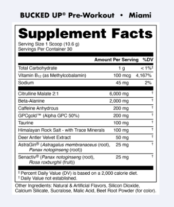 Bucked Up Pre-Workout - Miami supplement facts / back label